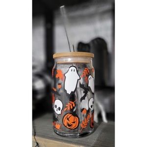 Halloween glass can with lid and straw. Pumpkin glass can. Ice coffee Glass cup